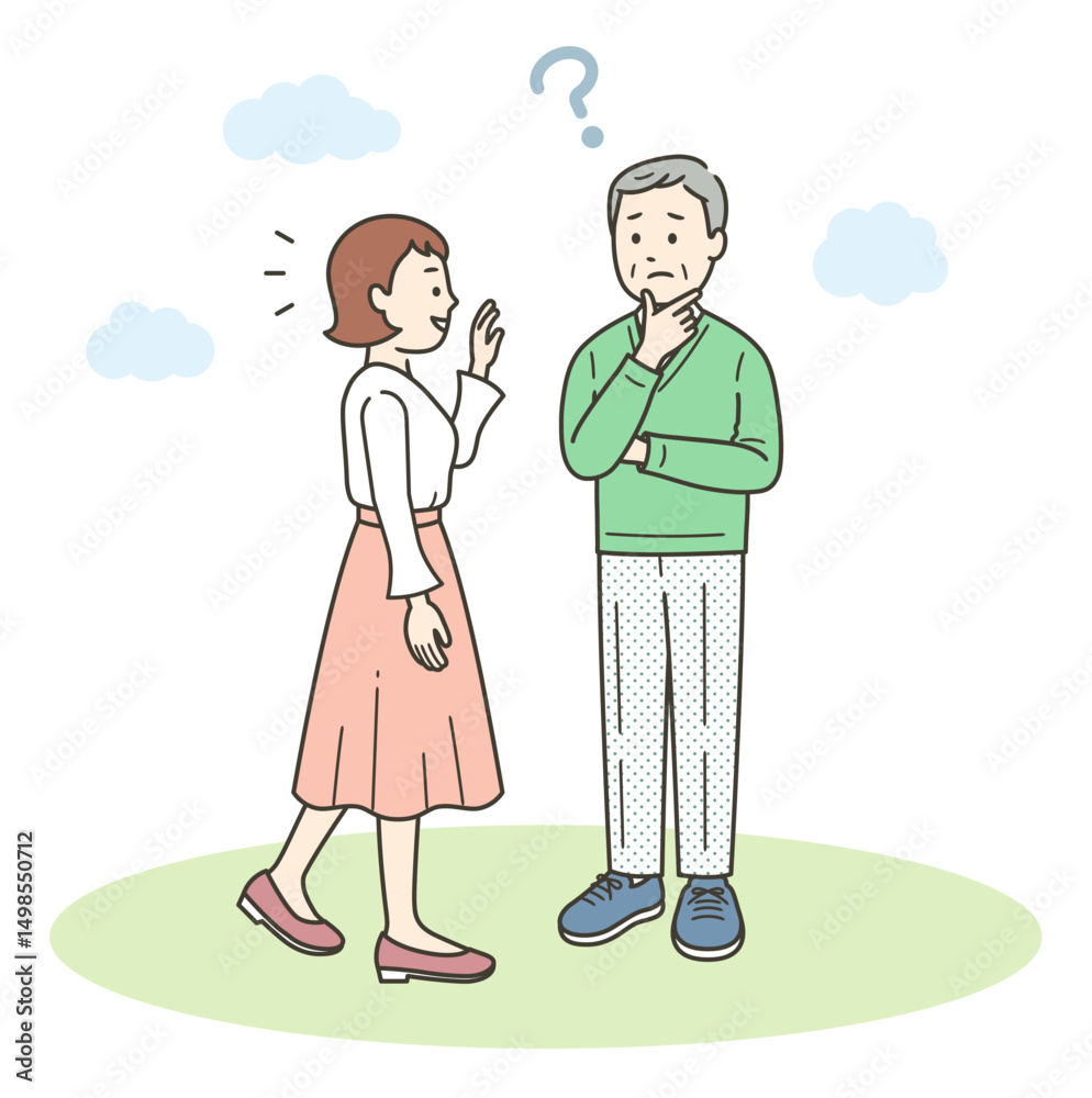 Obraz premium 若い女性に挨拶をされるが誰か忘れて困る高齢男性のイラスト