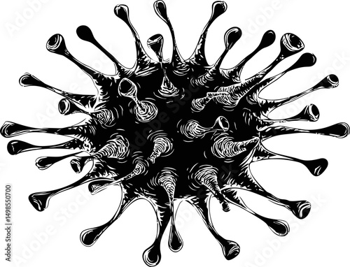 Black and white illustration of a virus with detailed protrusions. Vector illustration