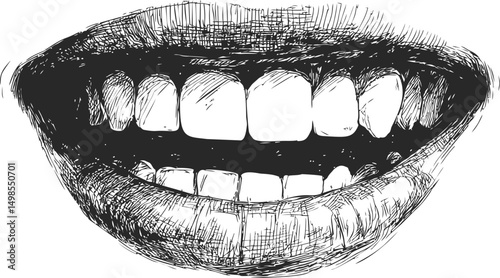 Detailed black and white sketch of smiling teeth and lips, artistic illustration. Vector illustration