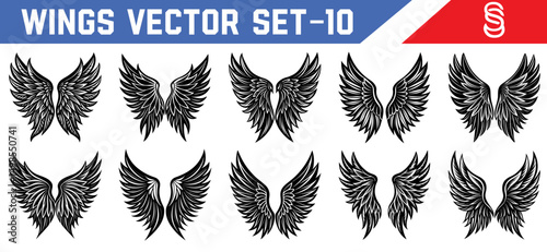 Tattoo Angel Wings Vector Set – Black Feathered Wing Clipart for Gothic Aesthetic Artworks, Fantasy Posters, and Myth-Inspired Projects.