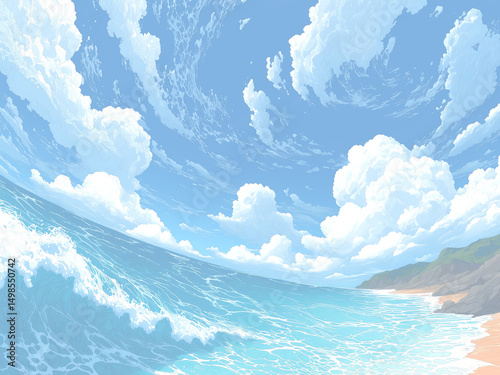 夏の青空と入道雲が広がる海辺の風景イラスト アニメ風 爽やかなビーチ 背景