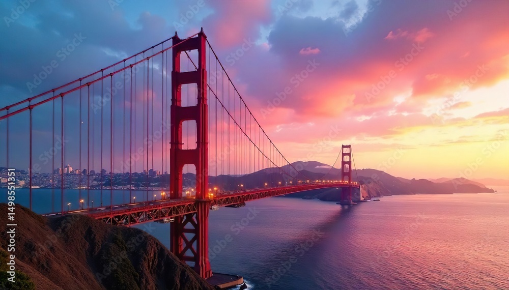 Obraz premium Iconic Golden Gate Bridge suspension cables, towers, and roadway spanning the San Francisco Bay, a majestic architectural marvel against a vibrant sky , bay area, red