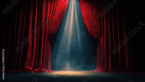 Red stage curtains with spotlight shining down