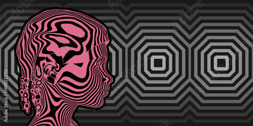 Young woman face represented in stripes. Elegant silhouette of a female head.
