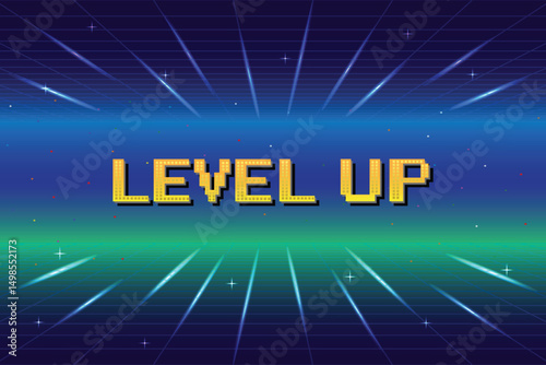 LEVEL UP. pixel art .8-bit game. Retro Futurism Sci-Fi Background. glowing neon grid. and stars from vintage arcade computer games