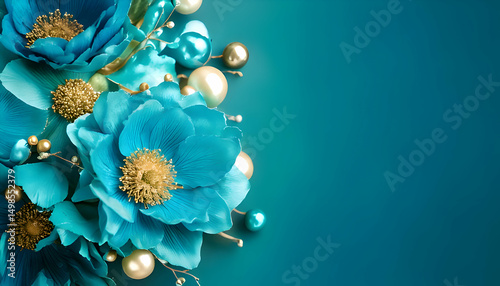 A vibrant arrangement of teal flowers and decorative pearls on a teal background.