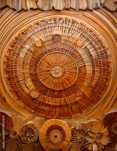 Intricate wooden circular design showcasing craftsmanship and artistic detail.