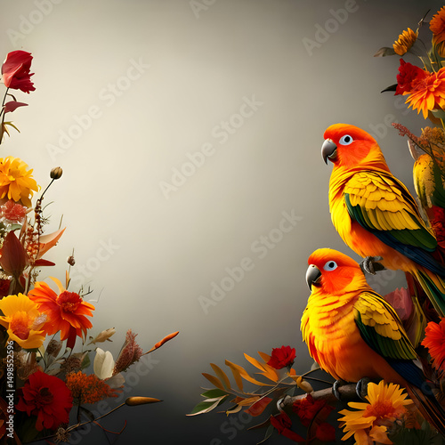 Two vibrant parrots amidst a floral arrangement on a soft background.