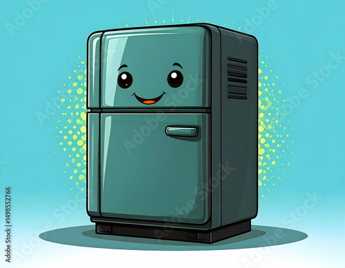 A cheerful cartoon refrigerator with a smiling face and a vibrant background.