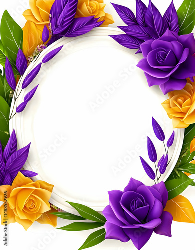 A decorative floral frame featuring purple and yellow roses with green leaves.