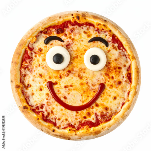 A cheerful pizza with a smiling face made of toppings.