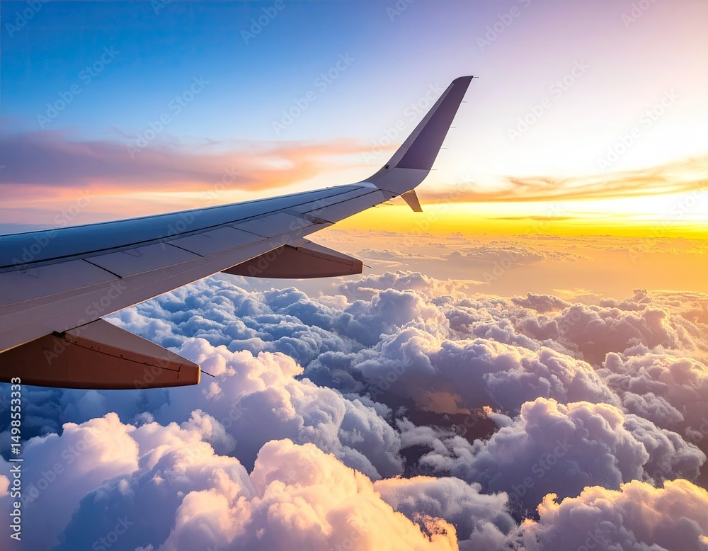 Obraz premium Airplane wing soaring above a sea of clouds at sunrise with vibrant colors and bright sunlight providing a sense of freedom and travel.