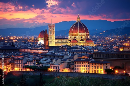 Evening view of florence italy cityscape featuring duomo and city lights against sunset sky