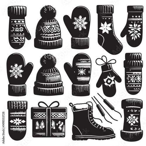 Black Color Mittens Silhouette Vector Illustration, Solid White Background. minimal vector design
