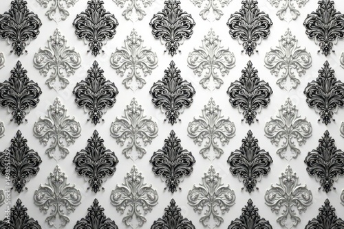 Symmetrical damask pattern with arabesque motifs in grayscale , home, damask, ornamental