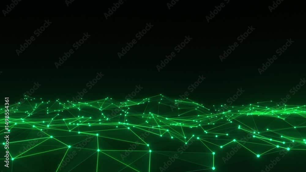 Neon mesh field of connected lines and glowing dots, futuristic plexus animation on dark background, digital landscape concept