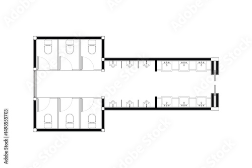 2 dimension floor plan design of public toilets, Vector  lines black isolated on white background. Set 5