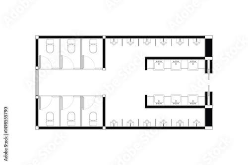 2 dimension floor plan design of public toilets, Vector  lines black isolated on white background. Set 4