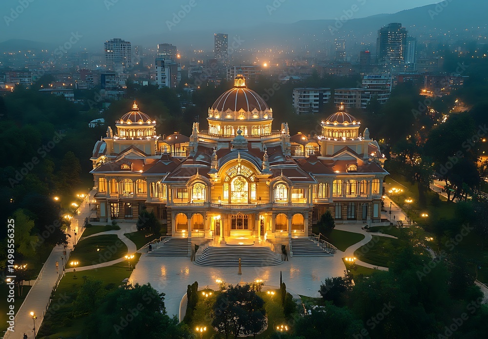 Fototapeta premium Illuminated palace at dusk illuminated with lights and lush greenery in urban landscape