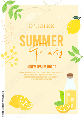Summer Party Poster with Lemon Drink and Citrus Elements 