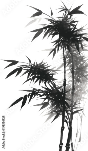 
Chinese ink painting, bamboo leaves swaying in the wind, silhouetted shadow puppet