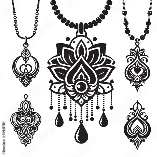 Black Color Pendant Necklace Silhouette Vector Illustration, Solid White Background. minimal vector design
