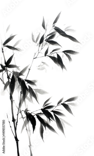 Chinese ink painting, bamboo leaves on a white background
