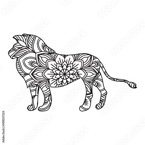Intricate Mandala Design of a Running Big Cat, Adult Coloring Page