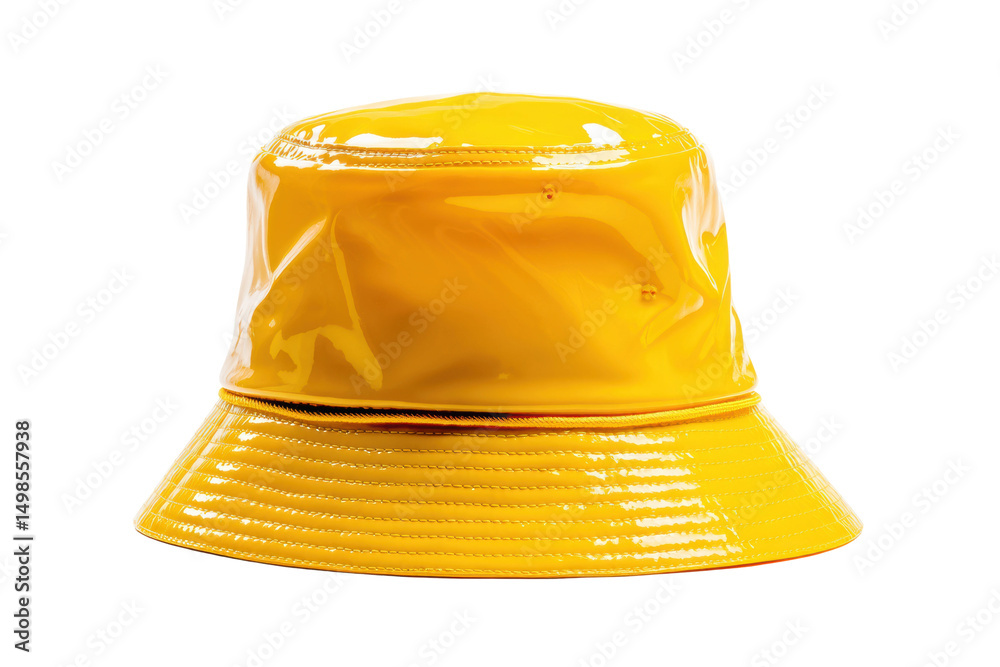 Fototapeta premium Bright yellow glossy bucket hat with reflective surface, cut out