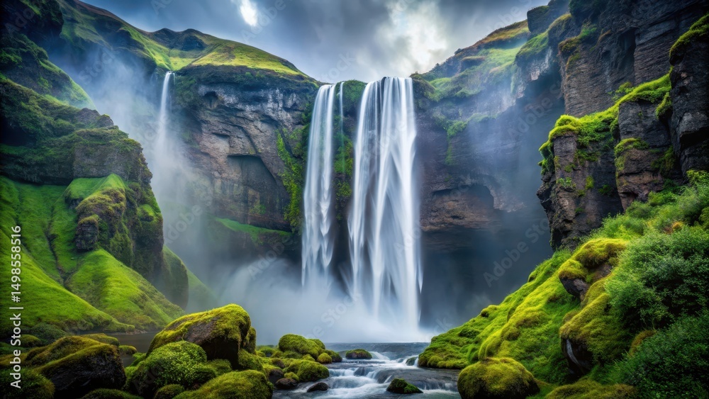 Naklejka premium Dramatic, towering waterfalls plummeting down rugged