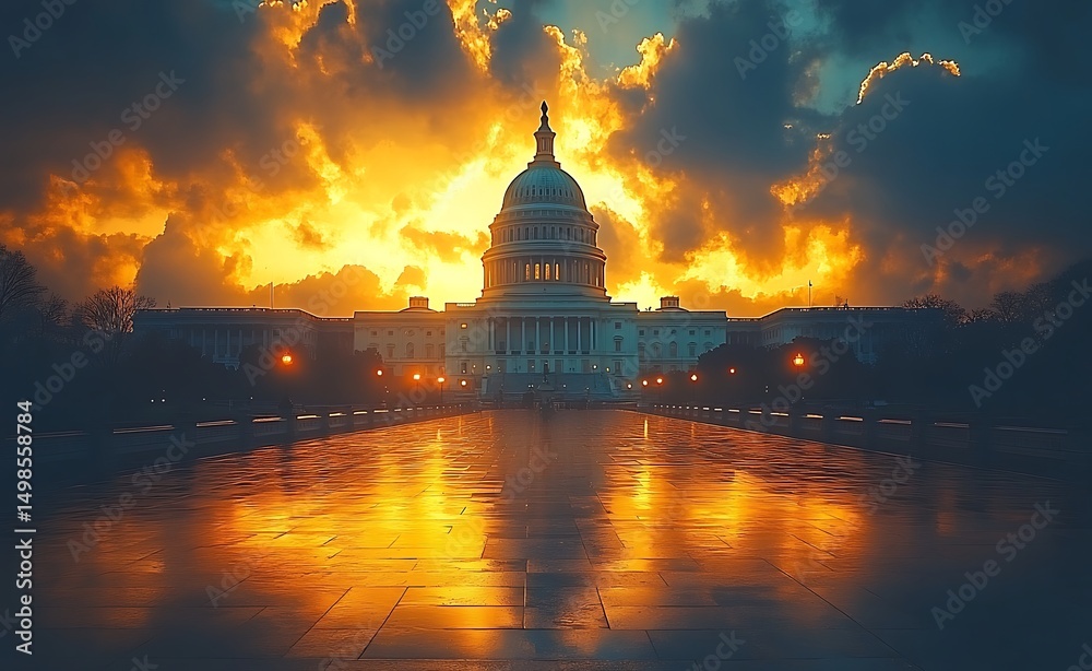 Obraz premium Us capitol building at sunset dramatic sky reflecting on wet pavement in washington dc