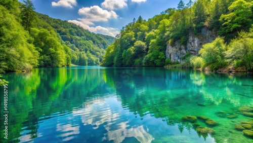 Serene turquoise waters reflecting lush greenery surrounding Plitvice lake's tranquil atmosphere, water reflection, natural oasis