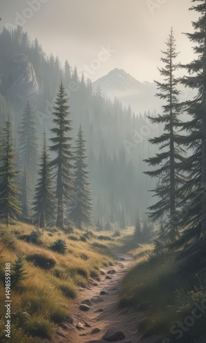 Misty mountain fir forest, vintage faded tones, illustration, muted, dreamy