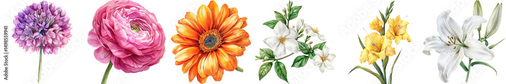 Fototapeta premium A Vibrant Array of Colorful Flowers Including Purple, Pink, Orange, White and Yellow Blooms on a Delicate Transparent Background