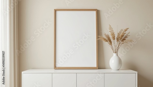 Empty Wooden Frame and White Vase with Dried Plants on Minimalist White Furniture Surface