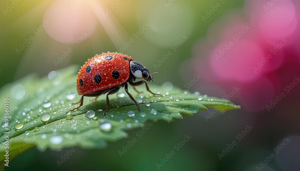 Obraz premium Ladybug on a dewy leaf in a garden.