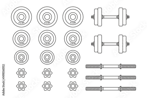Conceptual illustration shows dumbbells and weight plates, presented as clean line art drawing.