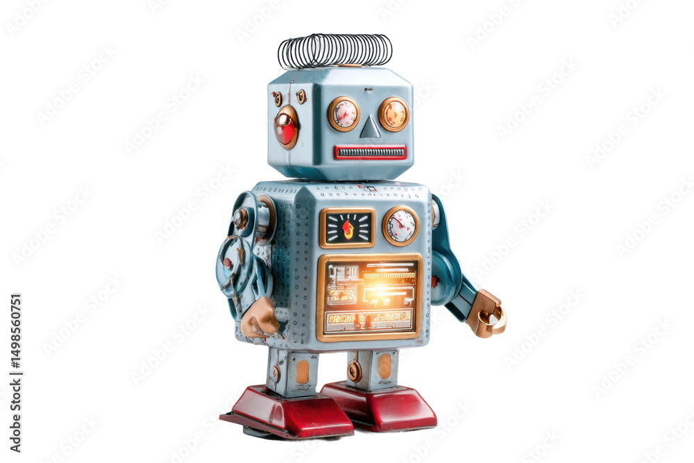 Naklejka premium Vintage tin robot with retro design and mechanical features, cut out