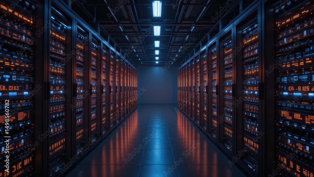 Fototapeta premium Futuristic Data Center Hallway with Illuminated Server Racks and Advanced Technology Infrastructure