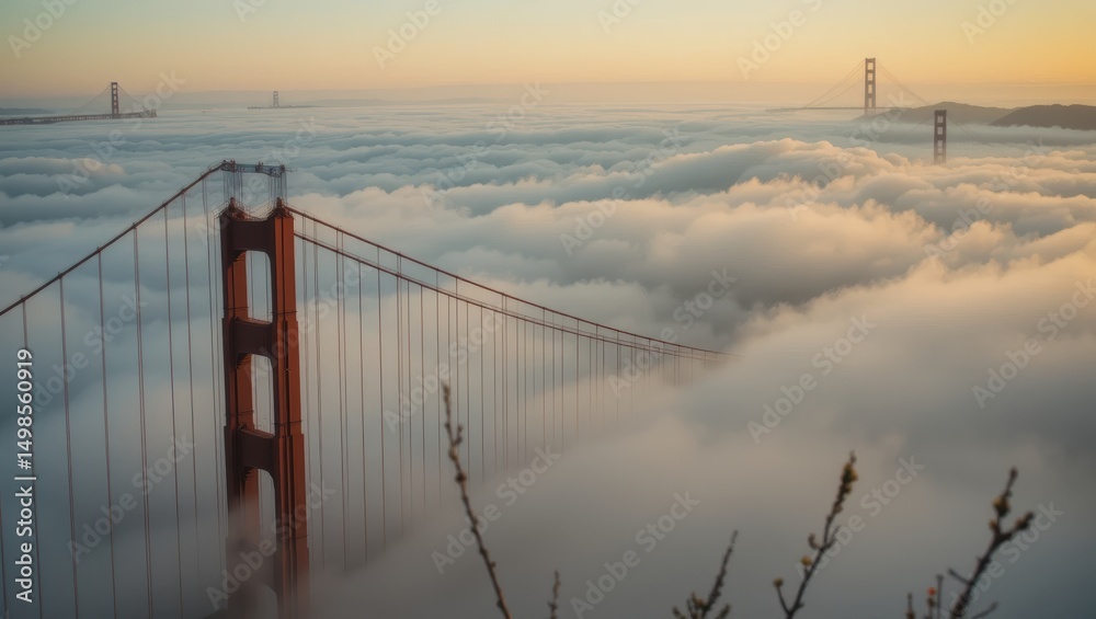 Obraz premium Golden Gate Bridge Emerging From Fog Under Vibrant Sunset Sky in San Francisco