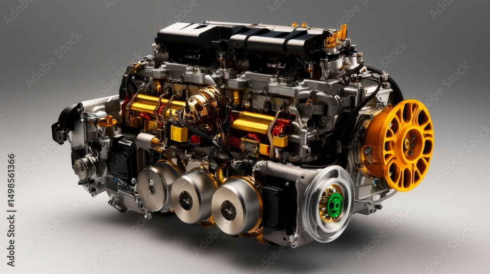 Fototapeta premium A large engine with gold parts and a yellow wheel
