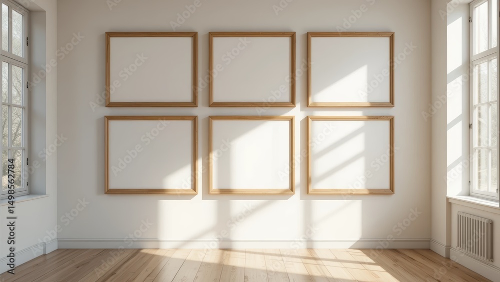 Fototapeta premium Minimalist Interior With Empty Wooden Frames Casting Shadows From Natural Light