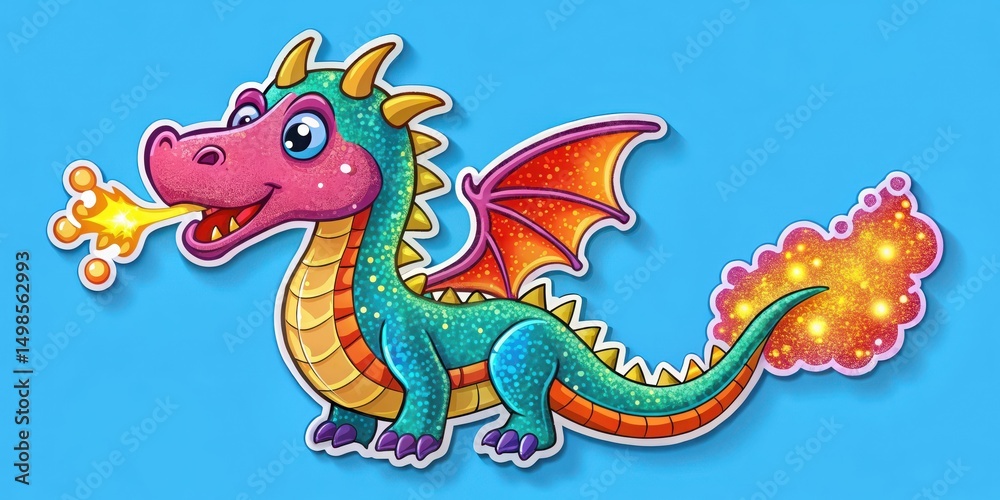 Obraz premium Colorful cartoon dragon sticker with sparkly scales and fiery breath on a bright blue background, cartoon characters, vibrant colors