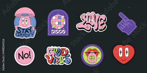 Retro cartoon sticker set with funky disco ball, bold text slogans, heart face, lips, and hand gesture. Playful 90s style pop art for prints, apparel, notebooks, or digital use.