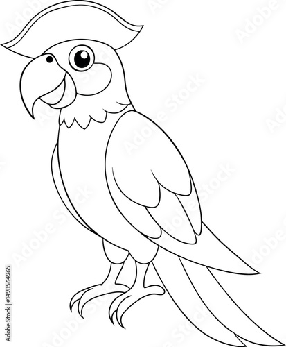 Outlined parrot wearing pirate hat stands cheerfully against the white backdrop, ready for coloring
