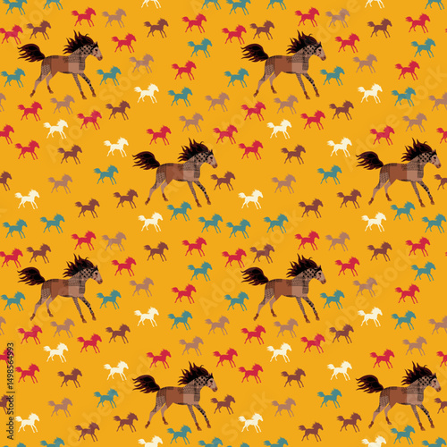 Beautiful bay horses and small colorful foals silhouettes on orange background seamless pattern in vector. Animal print for fabric.