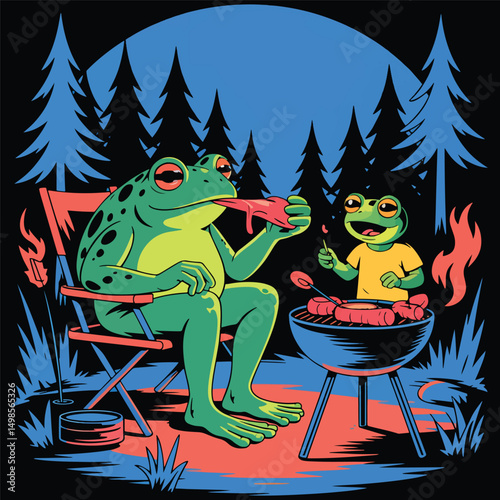 A cartoon frog sitting on chair cooking grill enjoy night view vector illustration design