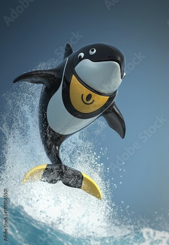 A 3D superhero whale, using its sonar abilities to create powerful waves, ready to rescue marine life. Stock