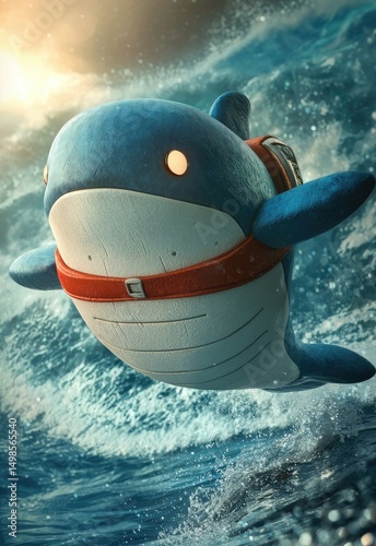 A 3D superhero whale, using its sonar abilities to create powerful waves, ready to rescue marine life. Stock