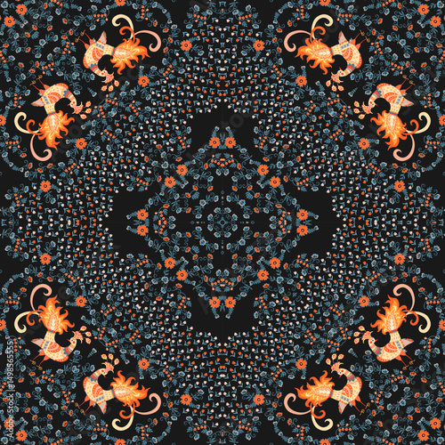 Beautiful fairytale nature print with peacocks, berries, leaves and flowers on a black background for a square carpet, shawl in folk style.